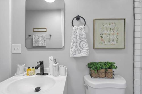 een badkamer met een wastafel, een toilet en een spiegel bij Campbell's Buttercup Shotgun! in Columbus