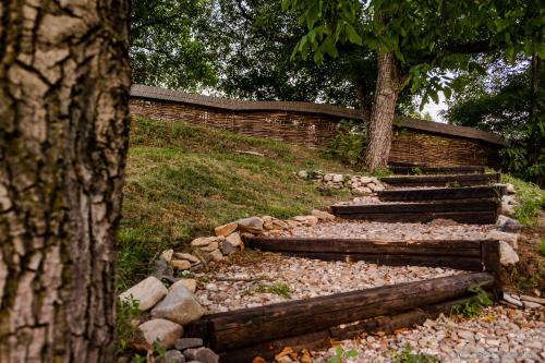 a set of stone steps next to a tree at Dimineți în Cerdac in Piatra Neamţ