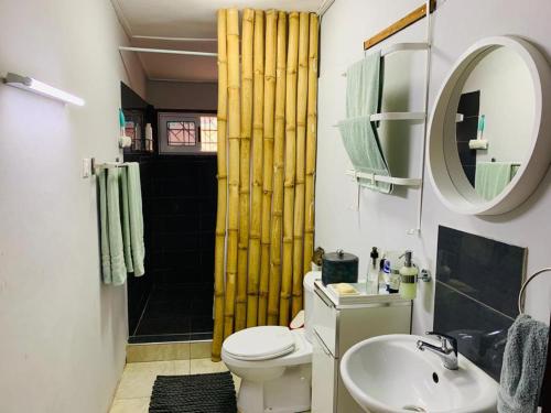 a bathroom with a toilet and a sink and a shower at Stunning 1-Bed House in Tema- Oheneba villa in Tema
