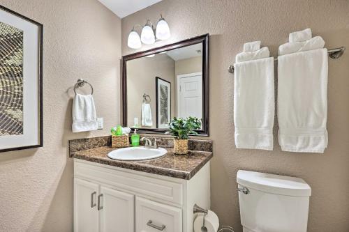 a bathroom with a sink and a toilet and a mirror at Gorgeous Bentonville Vacation Rental! in Bentonville
