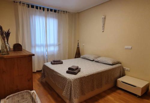 バリャドリッドにあるLuminoso y Acogedor Apartamento Garaje y wifiのベッドルーム1室(ベッド1台、タオル2枚付)