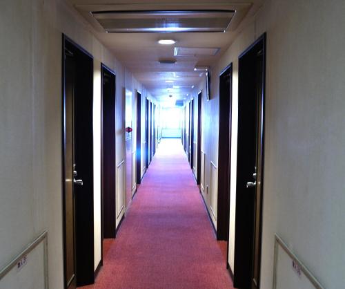 a corridor of a hallway with a red carpet at Hotel Los Inn Kochi in Kochi