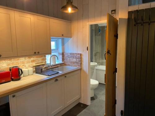 a kitchen with a sink and a toilet at Couples Getaway, with Mountain Views/Dog Friendly in Crickhowell