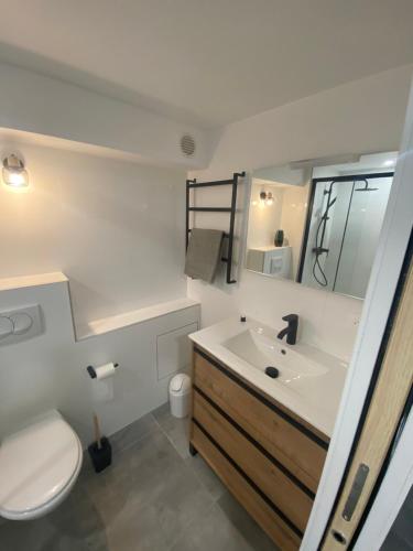 卡爾維的住宿－DUPLEX CALVI DIRECT PLAGE，白色的浴室设有卫生间和水槽。