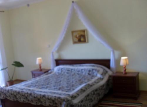 a bedroom with a bed and a staircase at Villa Eden DeLux in Yanoshi