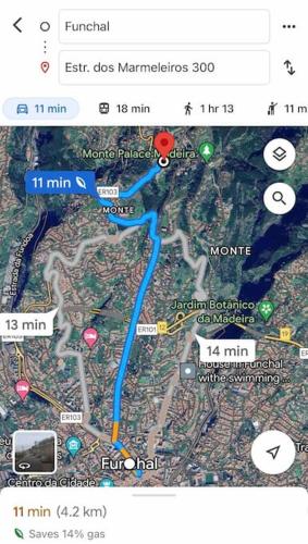 a map of a road with a blue trail at Quinta Belmonte with Private Heated Pool in Funchal in Funchal