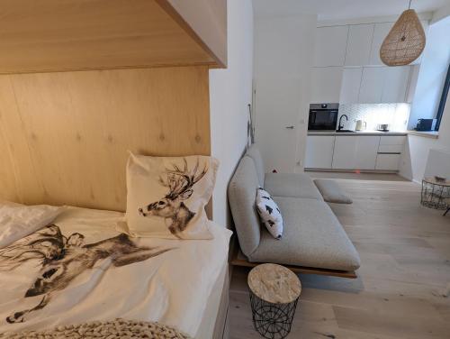 a room with a bed and a couch and a kitchen at JASMIN HOME Apartments in Vítkovice