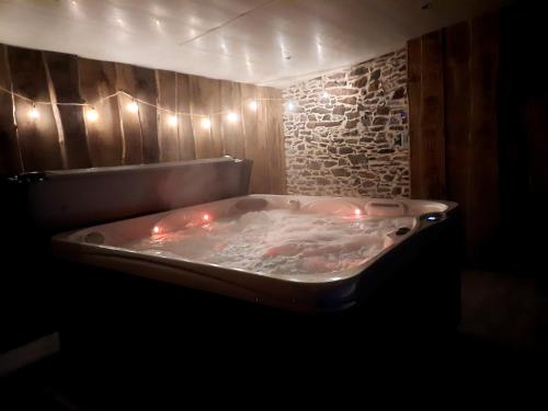 a bath tub with lights in a stone wall at A la Mémoire de Merlin & SPA in Saint-Malon-sur-Mel