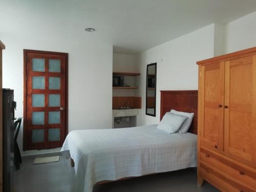 グアナファトにあるCasa Caracol Guanajuatoのベッドルーム1室(ベッド1台付)、木製キャビネットが備わります。