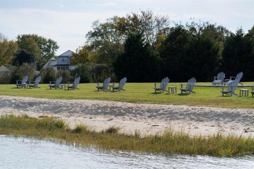 a group of chairs sitting on the grass near the water at Wylder Hotel - Tilghman Island in Saint Michaels