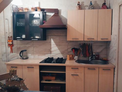 a kitchen with a sink and a stove and cabinets at Apartamentai in Tauragė