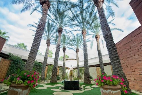 a row of palm trees in a garden with flowers at Fairmont Scottsdale Princess in Scottsdale