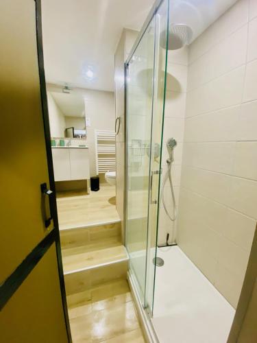 une salle de bain avec douche et porte vitrée dans l'établissement L'Escapade forestière - coeur de ville avec terrasse, à Nîmes