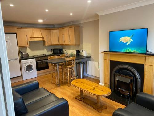 a kitchen with a living room with a fish on the fireplace at 2 bed cosy apartment in heart of Mullingar. in Mullingar