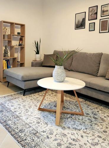 a living room with a couch and a table at Divjaka Apartments 3 - City Center in Divjakë