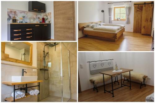 a collage of four pictures of a bedroom and a bathroom at Bio-Bauernhof Eisele in Scheuring