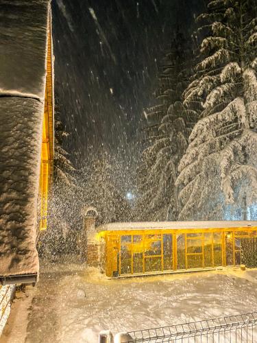 a building in the snow with snow falling at Vila Bašić Vlašić Apartman VUK in Vlasic