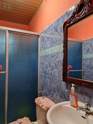 a bathroom with a sink and a mirror at Hostal Familiar Noemi in David