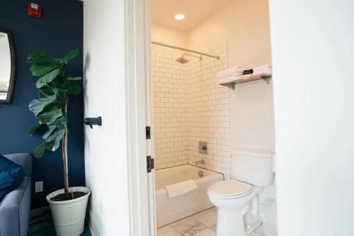 a bathroom with a toilet and a bath tub at Selina Commodore Astoria in Astoria, Oregon