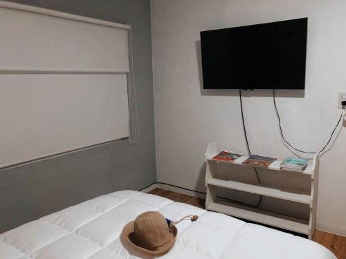 einen Hut auf einem Bett mit einem TV in der Unterkunft Departamento próximo a la costanera y al aeropuert in Posadas
