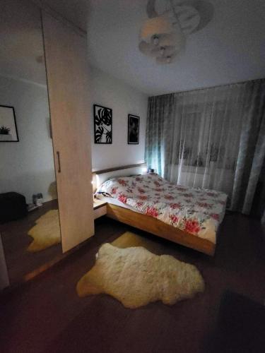 a bedroom with a bed and a mirror and a rug at NOVA Apartment in Sanok