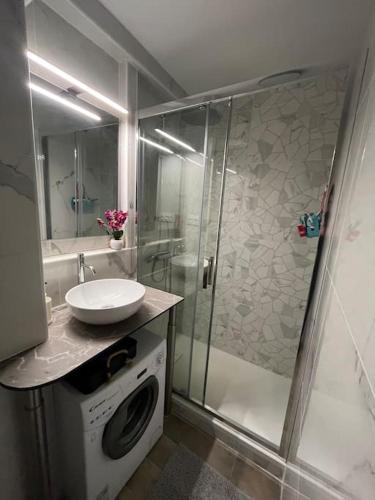 une salle de bain avec douche et lavabo et une machine à laver dans l'établissement Bel appartement avec vue imprenable, à Canet