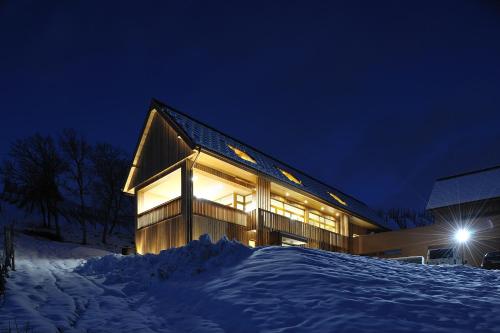 a house lit up in the snow at night at Vino Valdhuber Apartments in Svečina