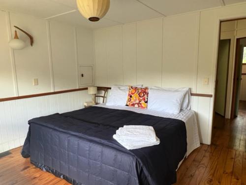 Broughton Bay的住宿－Waterfall Bay，一间卧室配有一张带蓝色毯子的大床