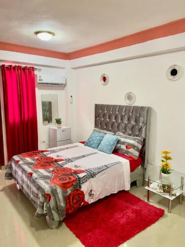 a bedroom with a large bed with a red rug at Hotel Dubaird in Santo Domingo