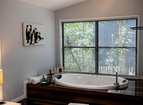 a bath tub in a bathroom with a large window at Amore On Buderim Rainforest Cabins in Buderim
