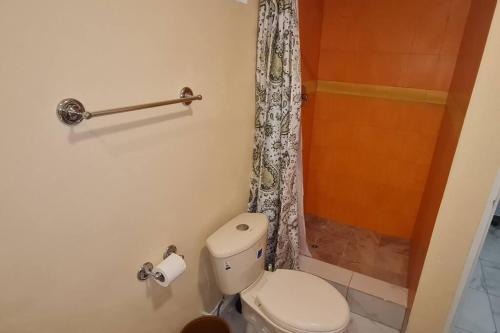 łazienka z toaletą i prysznicem w obiekcie The Den & Deck w mieście Anse La Raye