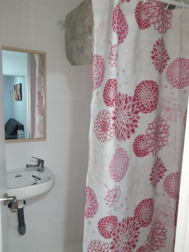 a bathroom with a shower curtain and a sink at Apartamento C in Madrid