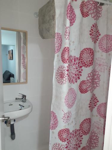 łazienka z zasłoną prysznicową i umywalką w obiekcie Apartamento C w Madrycie