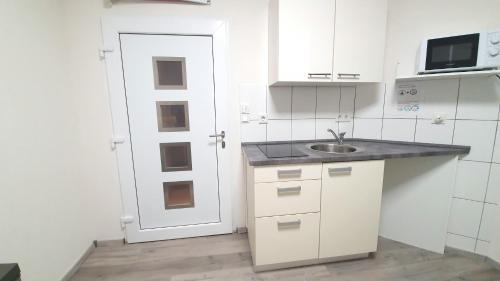 a white kitchen with a sink and a microwave at Neuburg Apartment am Schloss in Neuburg an der Donau