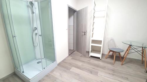 a bathroom with a glass shower and a table at Neuburg Apartment am Schloss in Neuburg an der Donau