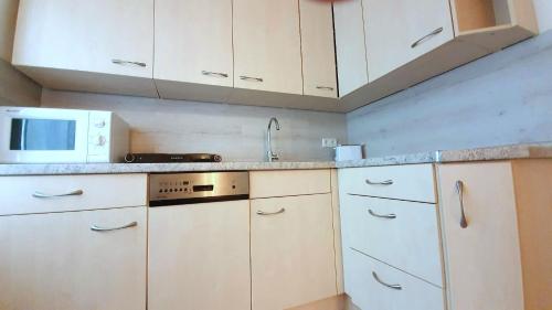a kitchen with white cabinets and a microwave at Neuburg Apartment am Schloss in Neuburg an der Donau