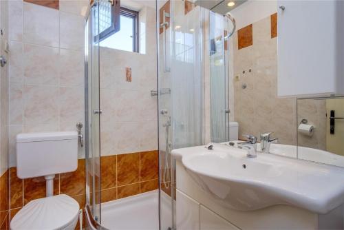 ein Bad mit einem Waschbecken, einer Dusche und einem WC in der Unterkunft Apartments with a parking space Losinj, Losinj - 20184 in Mali Lošinj