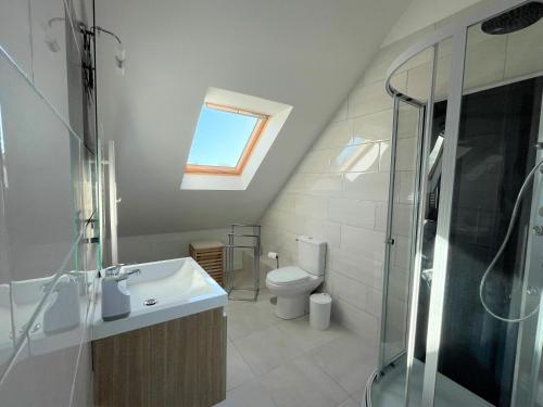 a bathroom with a toilet and a sink and a shower at Charming holiday home near the beach, Locquirec in Locquirec