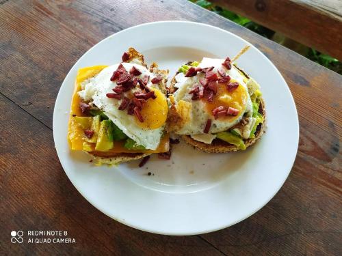 Un plato con dos sándwiches de desayuno en una mesa. en Samana Ecolodge, en El Limón