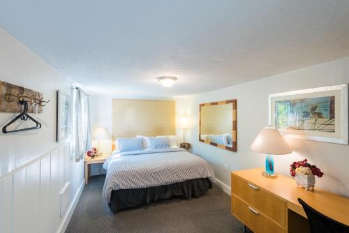 Gannett Peak Lodge في باينديل: غرفة نوم مع سرير ومكتب مع مصباح