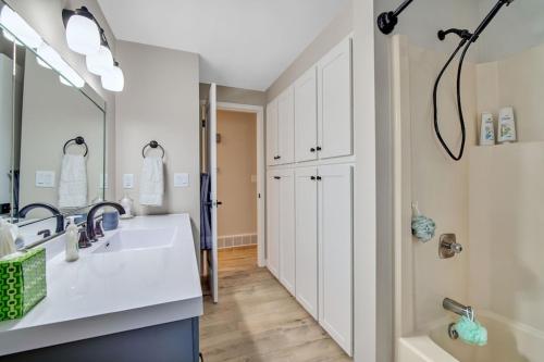 a bathroom with a sink and a tub and a mirror at Green Bay Stay in Green Bay