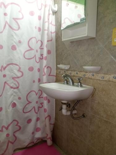 a bathroom with a sink and a shower curtain with flowers at SF-deptos in Federación