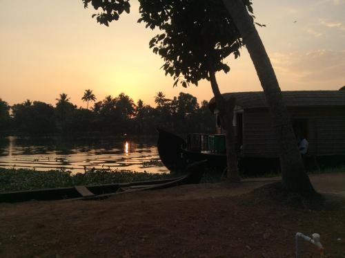 a house with a tree and a boat in the water at Ayana's Homestay in Alleppey