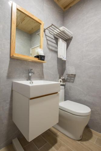 a bathroom with a toilet and a sink and a mirror at Shan Shui Hostel in Hualien City