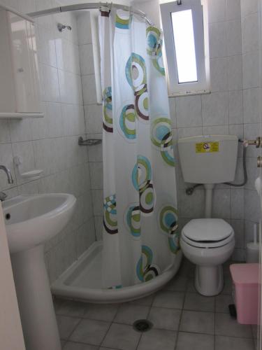 łazienka z toaletą, umywalką i zasłoną prysznicową w obiekcie Stelios Apartments w mieście Istro