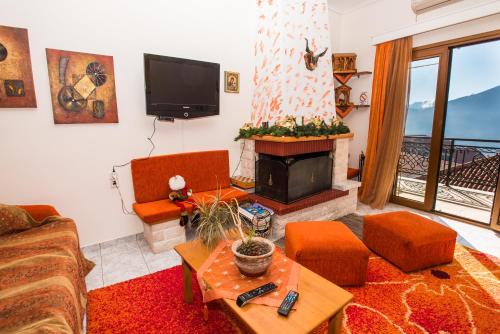 a living room with a fireplace and a tv at Artemis in Karpenision