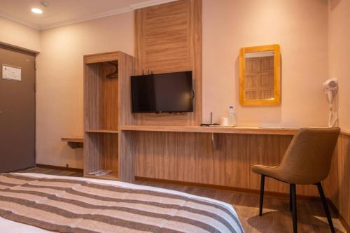 花蓮市的住宿－山水商務旅店，一间卧室配有一张床、一台电视和一把椅子