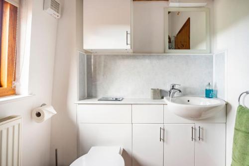 a white bathroom with a sink and a toilet at Coach House - detached cottage within 135 acres in Bromyard