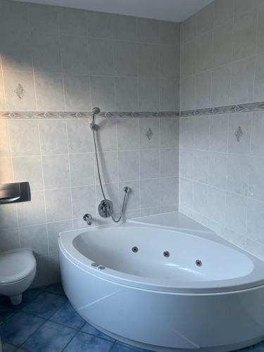 a white bath tub in a bathroom with a toilet at Landgasthof Meisel in Kalchreuth