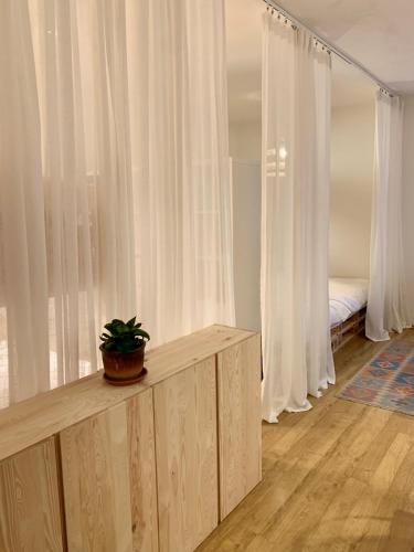 a bedroom with white curtains and a bed with a potted plant at Family Ski apartment in Špindlerův Mlýn